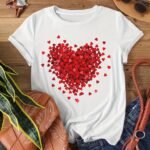 Heart Print Crew Neck T-Shirt, Casual Short Sleeve Top For Spring & Summer, Women'S Clothing