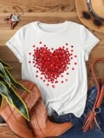 Heart Print Crew Neck T-Shirt, Casual Short Sleeve Top For Spring & Summer, Women'S Clothing