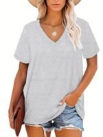 Plus Size, Plus Size Women'S V-Neck Short Sleeve T-Shirt - Elegant Casual Chic White Top, Soft Breathable Fabric, Machine Washable, All-Season Versatile Wardrobe Staple, Everyday Comfort, Vneck Tee, Relaxed Fit Shirt - Image 3