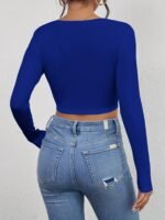 Women'S Sexy Boat Neck Crop Top Long Sleeve High Elasticity Slim Fit Solid Color All-Season Versatile Casual To Evening Wear, Sensual Women'S Wear, Smooth Texture Cloth - Image 10