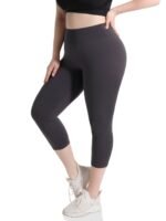 Women'S Plus Size Capri Leggings, High Waist Tummy Control, 4X Stretch, Pocket Detail, Solid Black, Knit Fabric, Polyester 92%, Spandex 8%, 210G/M?, All Season Skinny Yoga Pants - Image 3