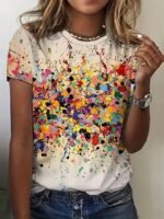 Colorful Print Crew Neck T-Shirt, Casual Short Sleeve Top For Spring & Summer, Women'S Clothing