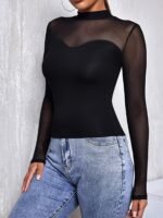 Mesh Panel Mock Neck T-Shirt, Casual Long Sleeve Top, Women'S Clothing - Image 3