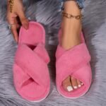 Women'S Plush Cross-Strap Slip-On Slippers With Non-Slip Eva Sole - All-Season Indoor/Outdoor House Shoes For Home, Postpartum & Casual Wear (Pink/White/Black/Lavender), Ladies Slippers, Soft Plush Design, Fabric Upper And Insole - Image 9