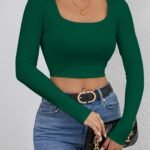 Women'S Sexy Boat Neck Crop Top Long Sleeve High Elasticity Slim Fit Solid Color All-Season Versatile Casual To Evening Wear, Sensual Women'S Wear, Smooth Texture Cloth