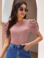 Solid Crew Neck T-Shirt, Elegant Puff Sleeve Top For Spring & Summer, Women'S Clothing - Image 2