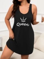 Plus Size Women'S Sleeveless Tank Nightgown - Black Queen Letter & Crown Graphic Print, All-Season Machine Washable Casual Sleepwear For Lounge & Relaxation, Playful Print, Soft Material, Comfortable Fit, Home Relaxation, Breathable Fabric, Adult Sleepwear - Image 6