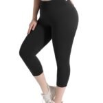 Women'S Plus Size Capri Leggings, High Waist Tummy Control, 4X Stretch, Pocket Detail, Solid Black, Knit Fabric, Polyester 92%, Spandex 8%, 210G/M?, All Season Skinny Yoga Pants