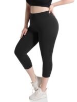Women'S Plus Size Capri Leggings, High Waist Tummy Control, 4X Stretch, Pocket Detail, Solid Black, Knit Fabric, Polyester 92%, Spandex 8%, 210G/M?, All Season Skinny Yoga Pants
