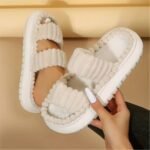 Women'S Double Straps Plush Slippers, Solid Color Open Toe Non Slip Comfy Slides Shoes, Fashion Indoor Platform Slippers - Image 8
