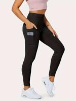 Plus Size Sports Leggings, Women'S Plus Solid Pipping High Rise High Stretch Skinny Leggings With Pockets Suitable Spring/Autumn - Image 2