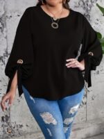 Plus Size Casual Top, Women'S Plus Solid Lantern Sleeve Round Neck Round Hem Knot Tunic Top - Image 9