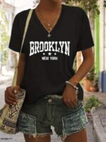 Women'S Casual V-Neck T-Shirt With Brooklyn New York Letter Print - Vibrant Pink & Black Graphic, Short Sleeve Regular Fit, Machine Washable For Spring Summer Fall, Ladies T Shirts, Casual Attire, Durable Fabric - Image 3