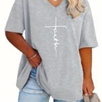 Plus Size - Women'S Plus Size V-Neck Casual T-Shirt - Short Sleeve, White With Black Letter Print, Lightweight Summer Tee For Casual Attire, Ladies T Shirts