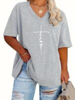 Plus Size - Women'S Plus Size V-Neck Casual T-Shirt - Short Sleeve, White With Black Letter Print, Lightweight Summer Tee For Casual Attire, Ladies T Shirts