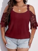 Plus Size Elegant Blouse, Women'S Plus Solid Contrast Floral Jacquard Cold Shoulder Semi Sheer Short Sleeve Top - Image 9