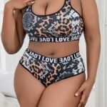 Plus Size Leopard Print Lingerie Set - Sexy Strapless Bra & High-Waisted Panties With "Love" Text, Stretchy Polyester Blend, Black & Brown Camouflage Pattern, Perfect For Adults, Adult Lingerie|Bold Pattern Lingerie|Stretchy Fabric