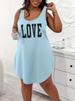 Women'S Plus Size Light Blue "Love" Print Tank Sleep Dress - Casual, Comfortable Polyester Blend Nightgown With Shoulder Cut-Outs For Summer, Romantic Summer Dress | Sleeveless Sleepwear | Polyester Blend Fabric - Image 5