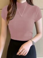 Women'S Slim Fit Short Sleeve Sweater - High Elasticity Round Neck Fish Tail Hem, 100% Polyester Solid Color Top For All-Season Layering & Casual To Formal Wear - Image 7