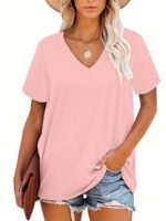 Plus Size, Plus Size Women'S V-Neck Short Sleeve T-Shirt - Elegant Casual Chic White Top, Soft Breathable Fabric, Machine Washable, All-Season Versatile Wardrobe Staple, Everyday Comfort, Vneck Tee, Relaxed Fit Shirt - Image 5