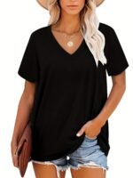 Plus Size, Plus Size Women'S V-Neck Short Sleeve T-Shirt - Elegant Casual Chic White Top, Soft Breathable Fabric, Machine Washable, All-Season Versatile Wardrobe Staple, Everyday Comfort, Vneck Tee, Relaxed Fit Shirt - Image 9