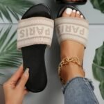 Women'S Paris Letter Print Flying Woven Slip-On Slippers - Breathable Fabric Upper & Lining, Cushioned Pu Sole, Open-Toe Summer Sandals With Back Strap For Casual Comfort, Comfortable Wear | Trendy Footwear | Durable Footbed, Ladies Slippers - Image 6
