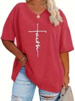 Plus Size - Women'S Plus Size V-Neck Casual T-Shirt - Short Sleeve, White With Black Letter Print, Lightweight Summer Tee For Casual Attire, Ladies T Shirts - Image 10