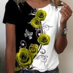 Rose Print Color Block T-Shirt, Casual Crew Neck Short Sleeve T-Shirt, Women'S Clothing