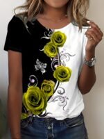 Rose Print Color Block T-Shirt, Casual Crew Neck Short Sleeve T-Shirt, Women'S Clothing