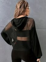 Y2K Style Hooded Mesh Long Sleeve T-Shirt, Summer Knit Fabric Top With Contrast Mesh Detail, Polyester And Spandex Blend, Regular Length Solid Color Tee - Image 3