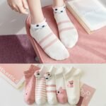 5 Pairs Women'S Cute Cat Face Ankle Socks - Breathable Lightweight No-Show Boat Socks With Pastel Pink & White Stripes, Spring Summer Casual Fashion Socks, Cute Socks, Comfortable Footwear, Playful Sock Design, Quality Sock Material, Soft Texture - Image 2