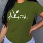 Plant Print Short Sleeve T-Shirt, Crew Neck Casual Top For Summer & Spring, Women'S Clothing