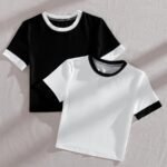 2Pcs Summer Short Sleeved Women Splicing Simple Short Top Slimming Elastic T -Shirt Women