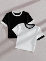 2Pcs Summer Short Sleeved Women Splicing Simple Short Top Slimming Elastic T -Shirt Women