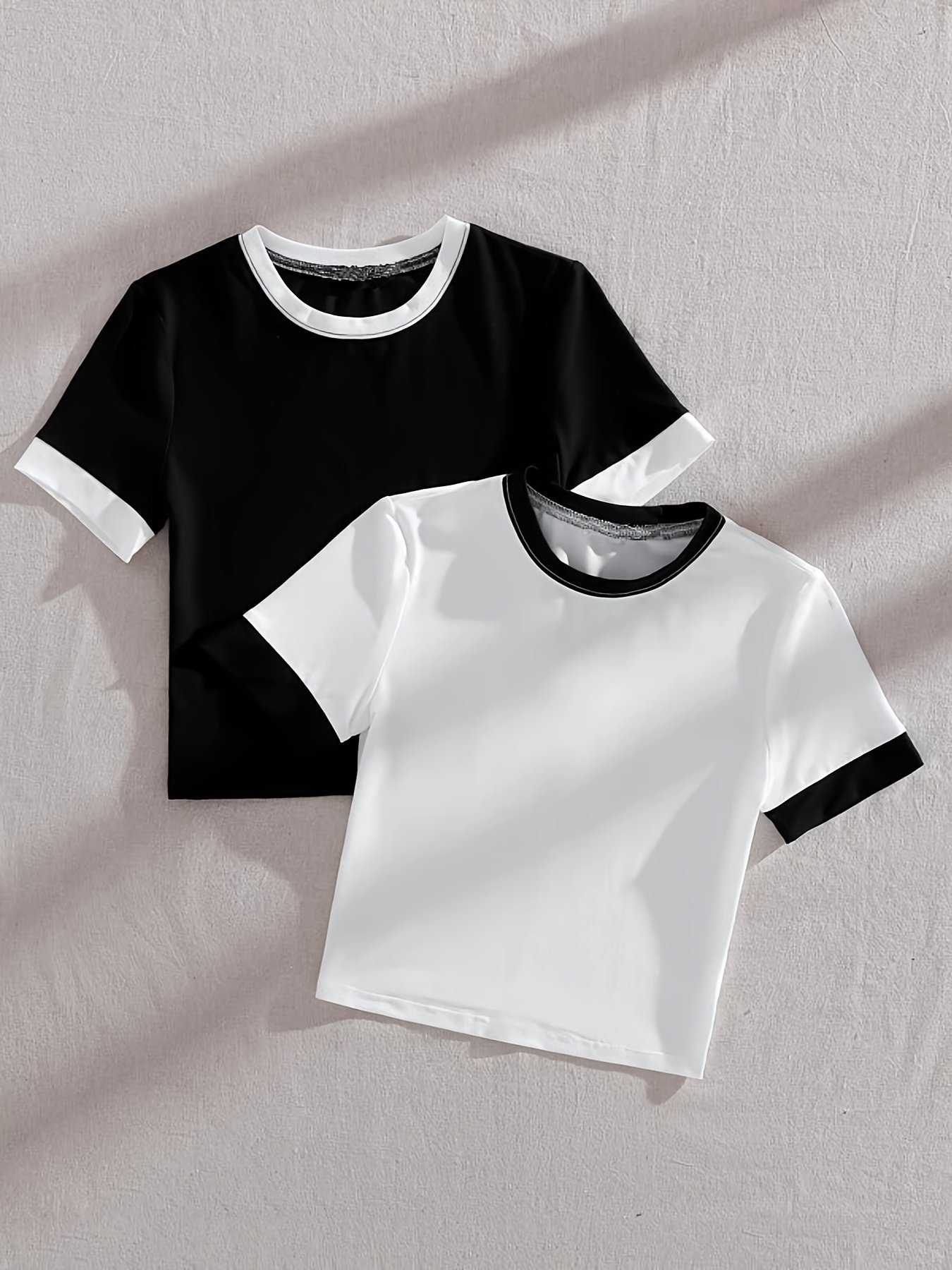 product-Fancyalgo-VirtualModelMatting-5a259fa02b9ebc018b64a780f9b93de4.jpg 2Pcs Summer Short Sleeved Women Splicing Simple Short Top Slimming Elastic T -Shirt Women - Image 1