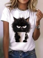 Cat Print T-Shirt, Casual Short Sleeve Crew Neck Top For Spring & Summer, Women'S Clothing - Image 3