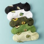 5 Pairs Women'S Avocado Print Ankle Socks - Elegant Casual Short Socks With Playful Fruit Design, Soft Breathable Fabric, Machine Washable For Casual Attire, Comfortable Footwear, Fun Design, Comfortable Material, Stylish Women