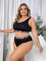 Women'S Plus Size Lingerie Set - Black High-Neck Crop Top With Bold "Love" Print, Stretchy & Form-Fitting, Perfect For Adult Casual Attire, Intimate Apparel | Formfitting Design | Stretchy Fabric - Image 3