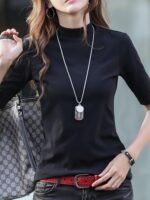 Women'S Chic High Neck Turtleneck T-Shirt - Solid Color, Polyester, Knit Fabric, Regular Sleeve, Spring/Fall Fashion Top