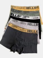 5Pcs Men'S Boxer Briefs - Light Blue, "Hello" & "Thinking" Print, Comfortable Stretch Fabric, Sporty Design For Casual Attire, Everyday Underwear|Sporty Boxer Shorts|Medium Stretch Fabric - Image 2