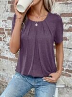 Women'S Elegant Summer Casual Short Sleeve T-Shirt - Solid Color Round Neck Blouse With Ruching Detail, Machine Washable Regular Fit Top For Casual Attire, Short Sleeve Blouse, Soft Fabric Tee - Image 7