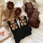 3 Pairs Women'S Mid-Calf Socks With Cartoon Bear & Floral Design - Ribbed, Soft Polyester Blend, Brown & Black, Perfect For Fall & Winter, Cute Socks