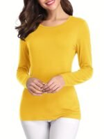 Solid Crew Neck T-Shirt, Casual Long Sleeve Lim Top For Spring & Fall, Women'S Clothing - Image 3