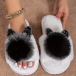 Women'S All-Season Slip-On Slippers With Plush Faux Fur Trim & Sparkling Embellishments - Soft Fabric Indoor House Shoes For Home, Lounge, Or Casual Wear, Cute Slippers, Loungewear Essentials, Playful Design, Durable Eva Sole - Image 10