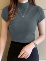 Women'S Slim Fit Short Sleeve Sweater - High Elasticity Round Neck Fish Tail Hem, 100% Polyester Solid Color Top For All-Season Layering & Casual To Formal Wear - Image 8