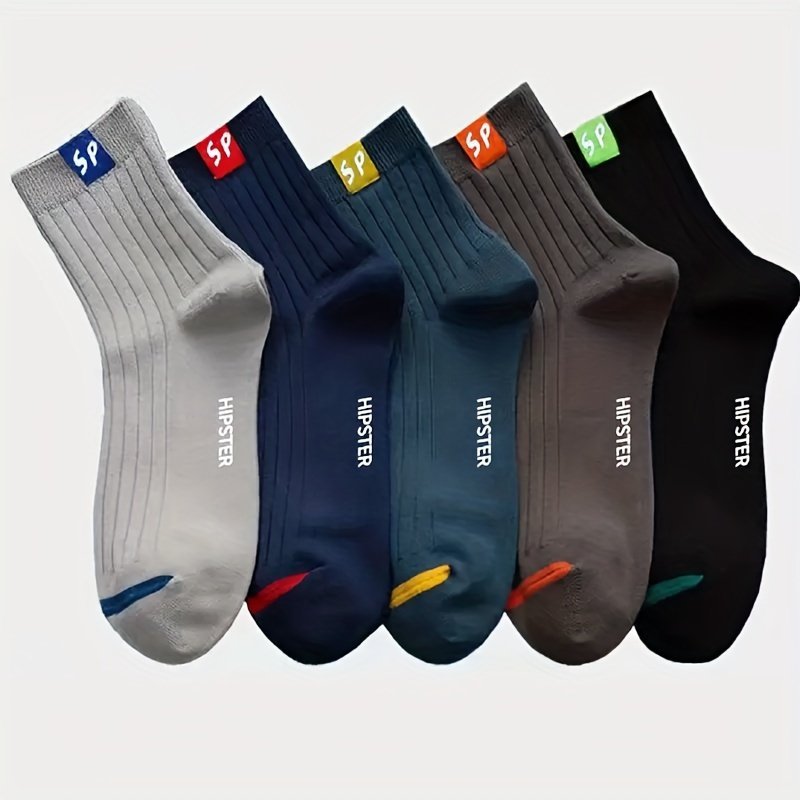 product-Fancyalgo-VirtualModelMatting-64f23ed412ec30ceac0eda6b7e07c7fd.jpg 5/10 Pairs Of Men'S Trendy Letter Pattern Crew Socks, Breathable Comfy Casual Unisex Socks For Men'S Outdoor Wearing All Seasons Wearing - Image 1