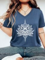 Plus Size Casual T-Shirt, Women'S Plus Lotus Print Short Sleeve V Neck Slight Stretch T-Shirt - Image 5