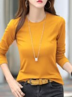Women'S Elegant Crew Neck T-Shirt, 100% Polyester Knit Fabric, High Stretch Solid Color Top, Regular Length, 180Gsm - Spring/Summer Fashion - Image 7