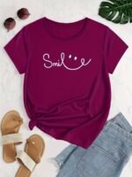 Plus Size Face Print Short Sleeve T-Shirt, Women'S Plus Slight Stretch Round Neck Casual Tee - Image 6