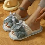 Colorblock Fuzzy Home Warm Slippers, Bowknot Decor Soft Sole Lightweight Fuzzy Shoes, Non-Slip Winter Plush Shoes - Image 6